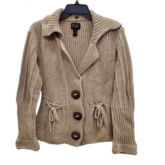 Pure Handknit Women's Tan Cotton Cable Knit Fitted Jumbo Wood Button Cardigan S - Picture 1 of 6